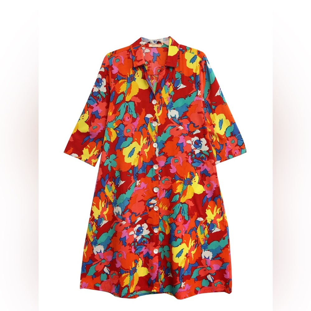 LaCera♥️ArtsyFloral oversized SHIRT DRESS Button Front Side POCKETS Colorful EUC